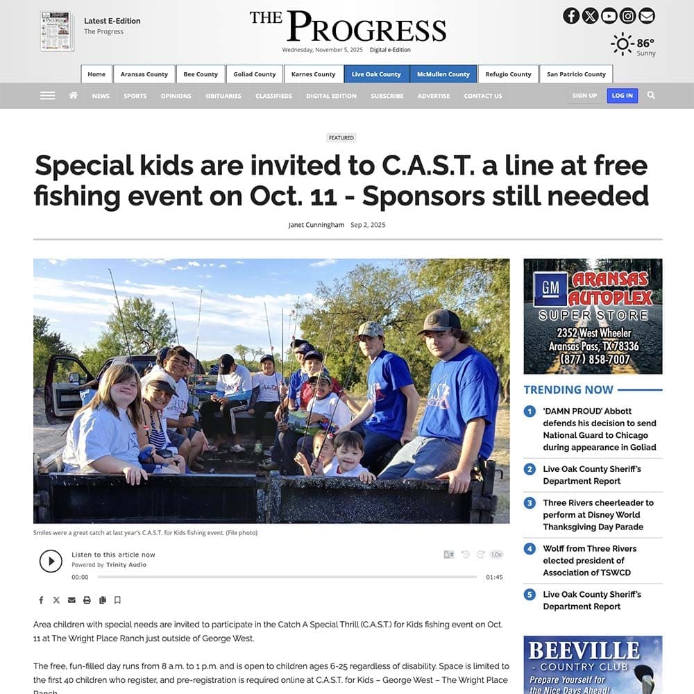 Special kids are invited to C.A.S.T. a line at free fishing event on Oct. 11 - Sponsors still needed<br />
