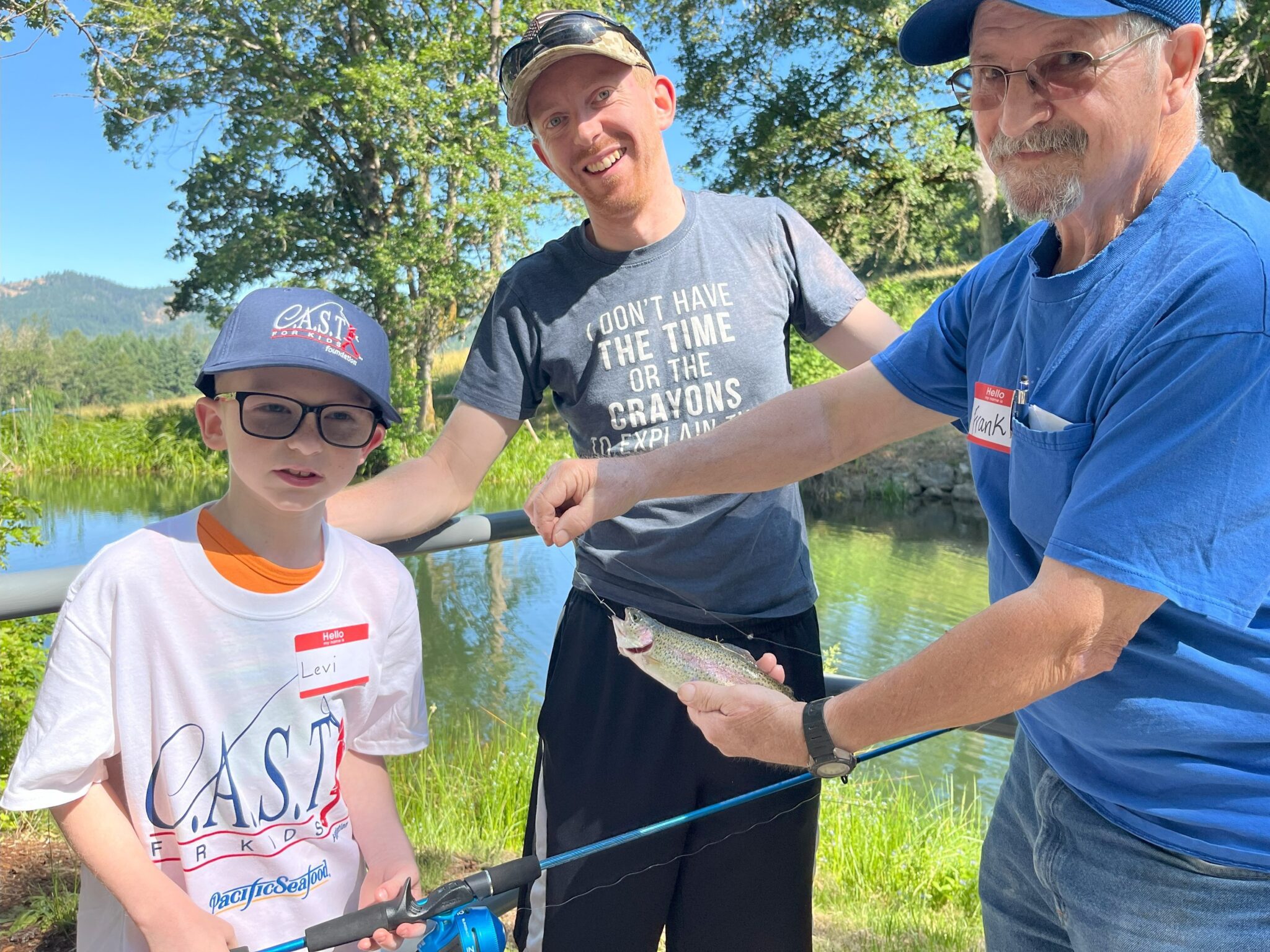three people at bowman pond
